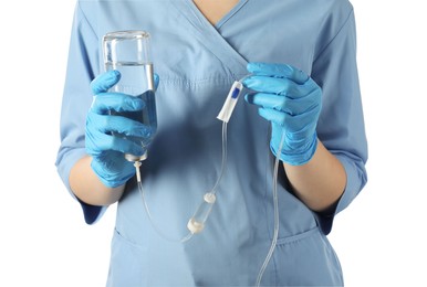 Photo of Nurse with IV infusion set on white background, closeup