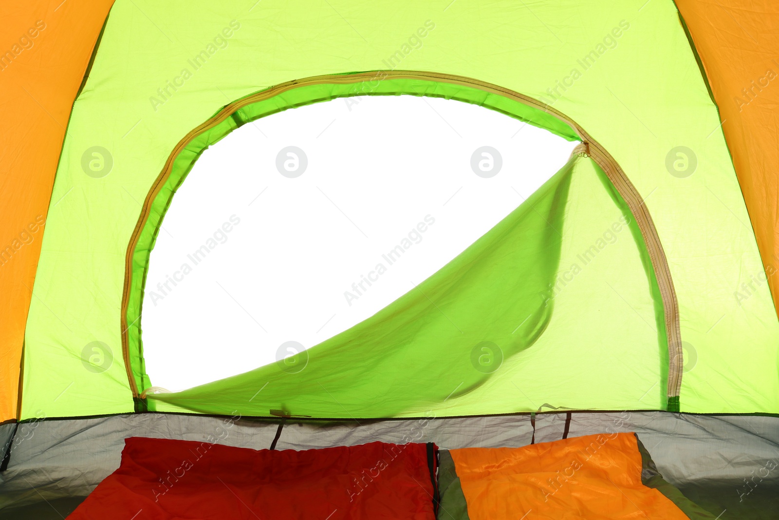 Photo of Camping tent on white background, view from inside