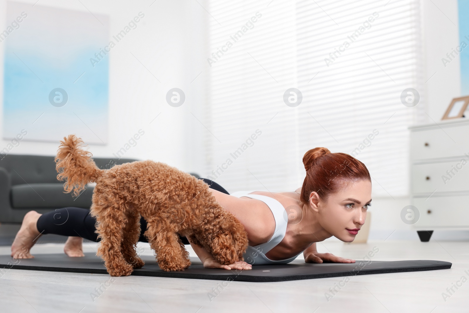 Photo of Young woman practicing yoga on mat with her cute dog at home