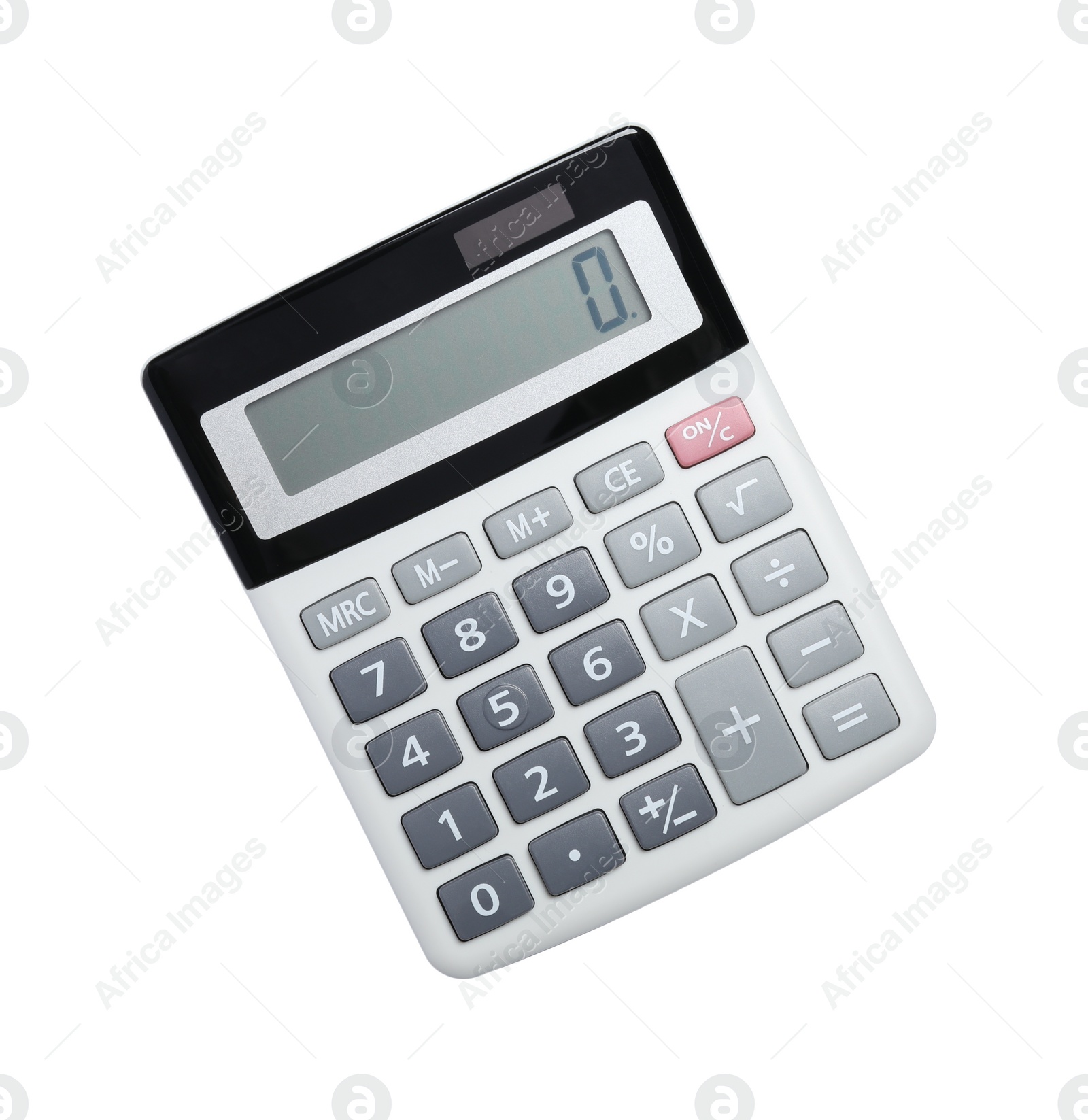 Photo of Modern calculator isolated on white, top view. Office stationery