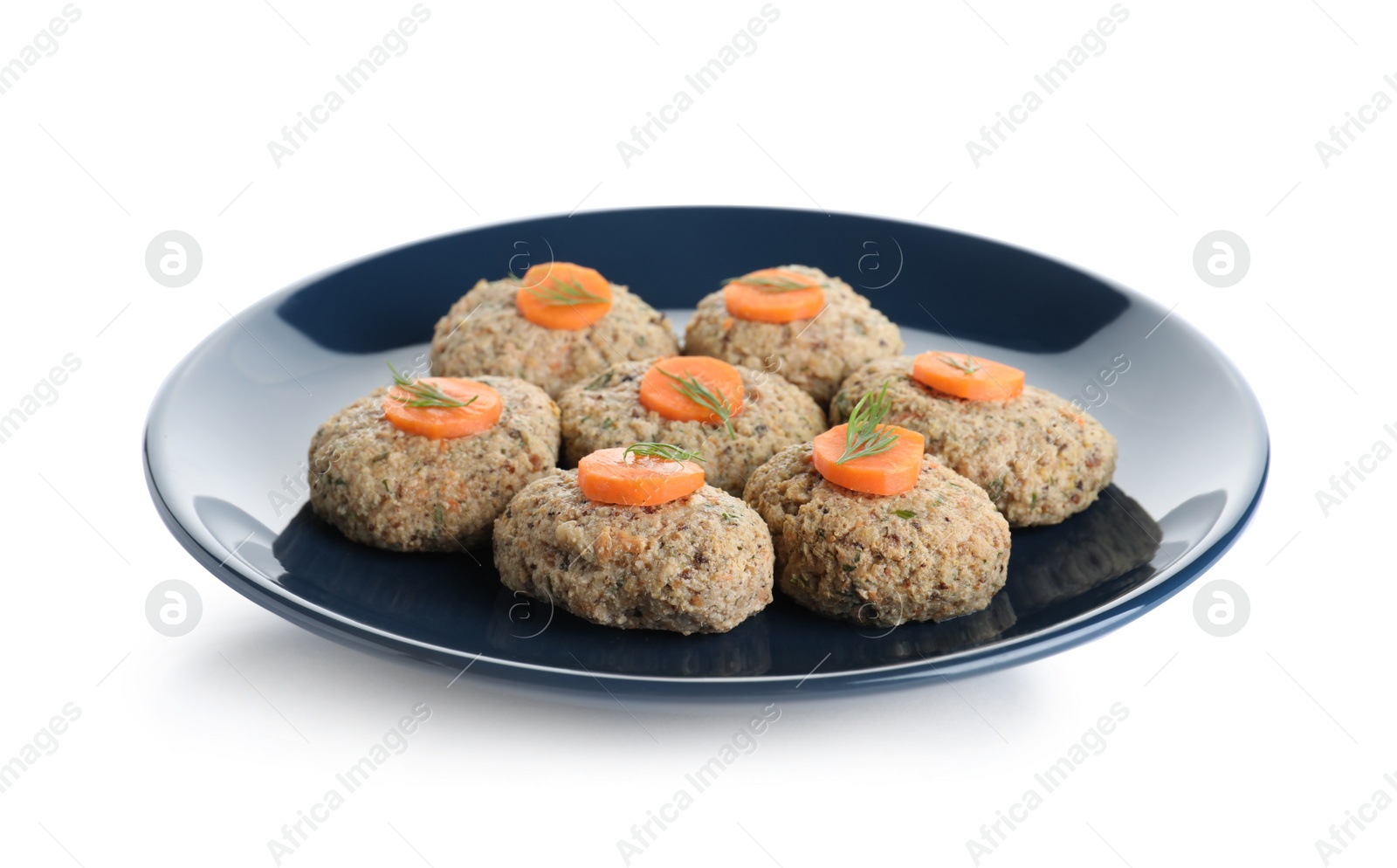 Photo of Plate of traditional Passover (Pesach) gefilte fish isolated on white