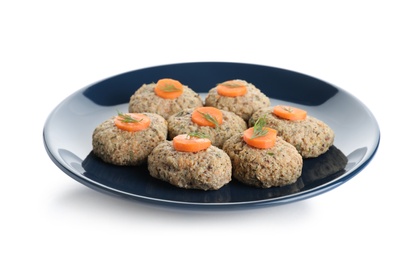 Plate of traditional Passover (Pesach) gefilte fish isolated on white