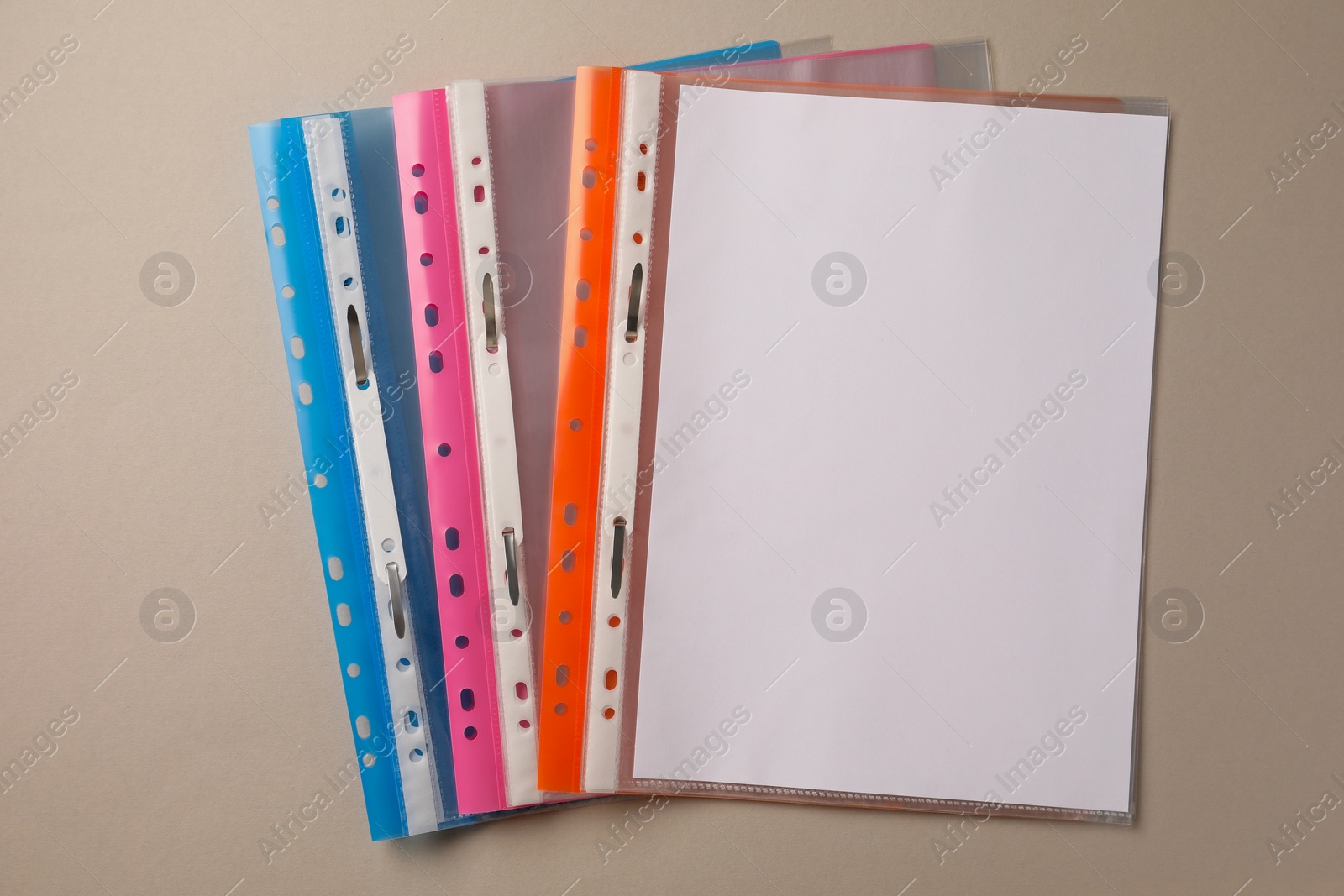 Photo of File folders with punched pockets on light grey background, flat lay