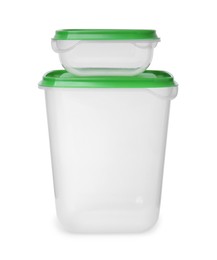 Photo of Empty plastic containers on white background. Food storage