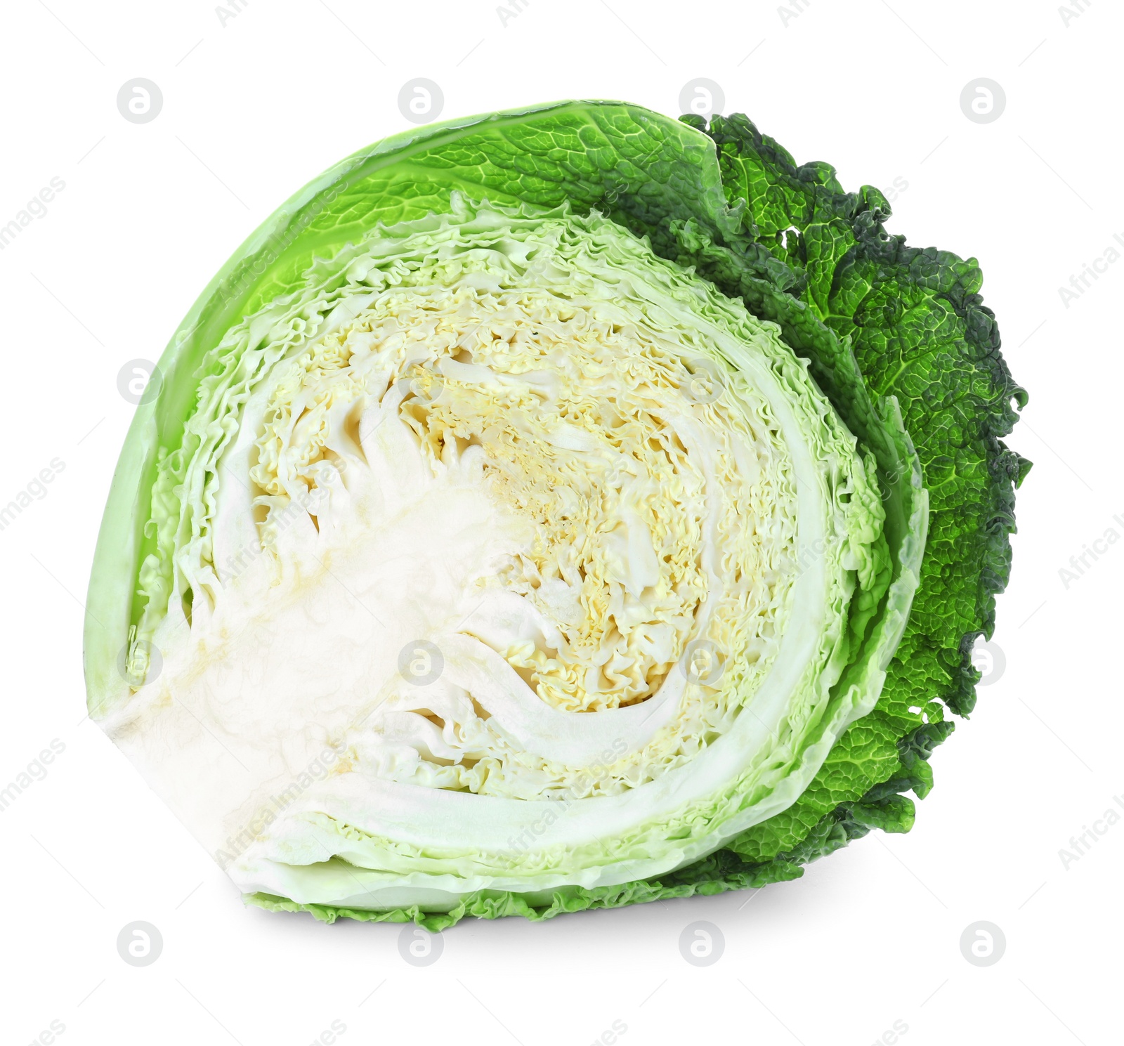 Photo of Half of fresh ripe savoy cabbage isolated on white