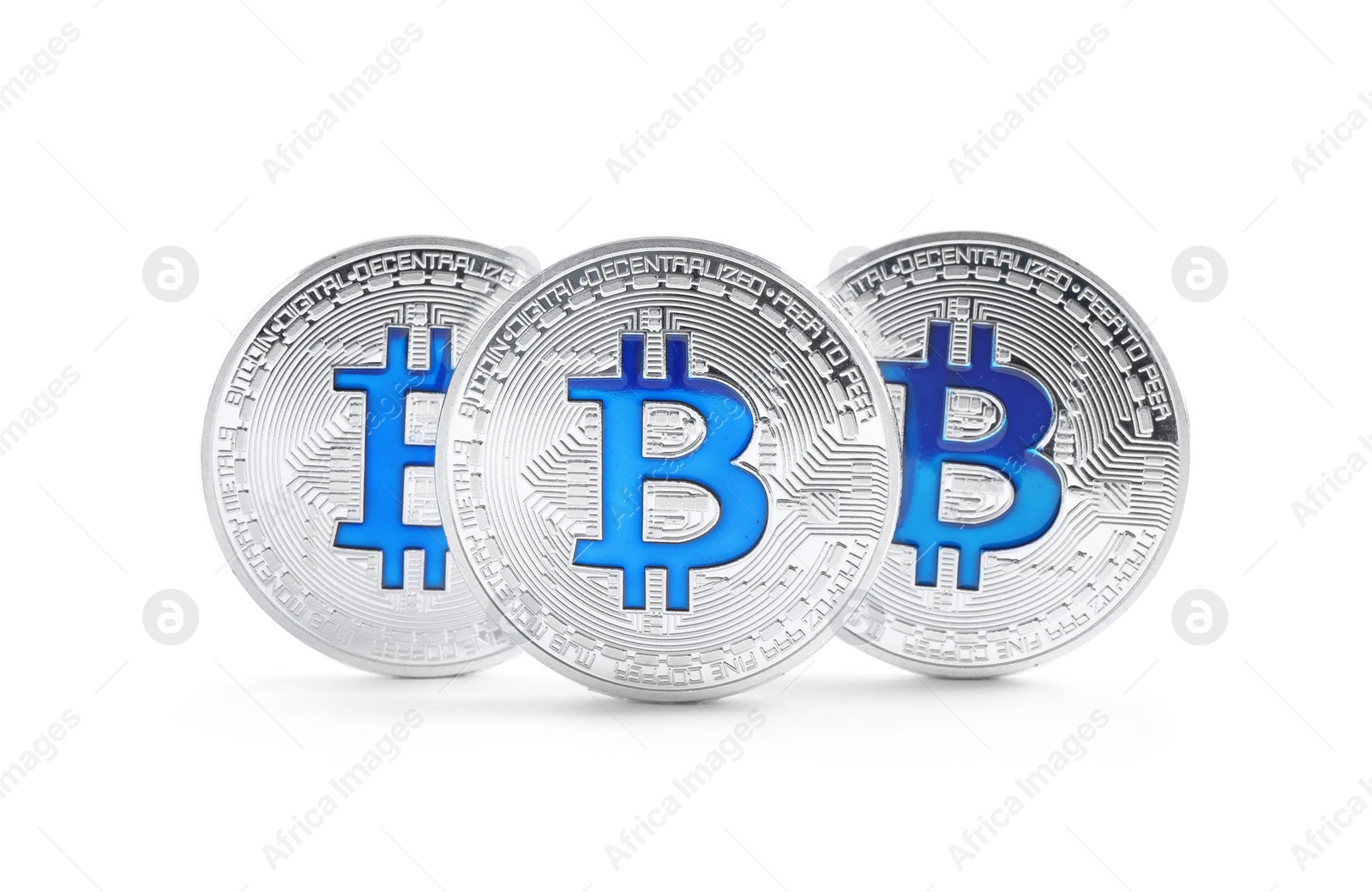 Photo of Silver bitcoins isolated on white. Digital currency