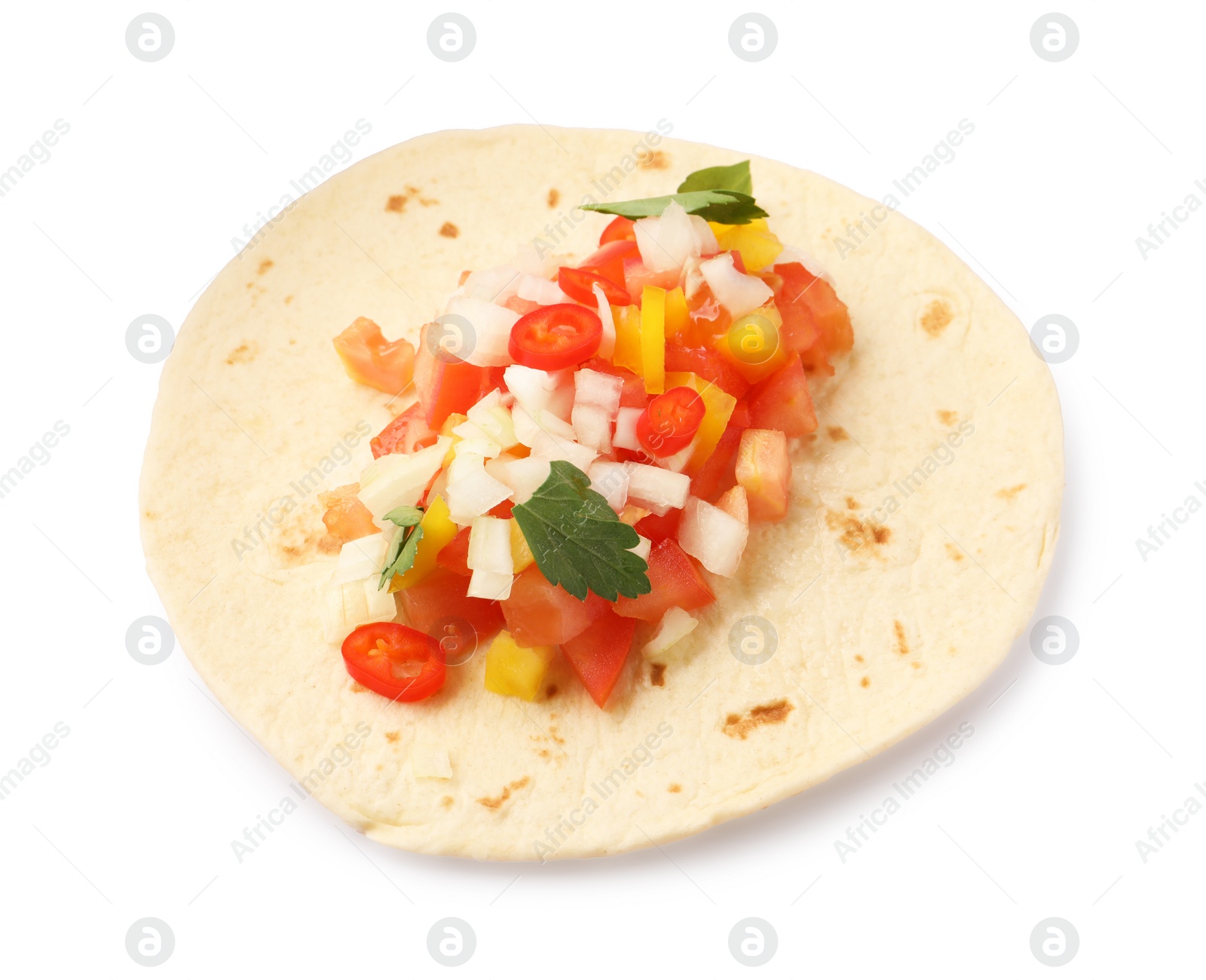 Photo of Tasty taco with vegetables and parsley isolated on white