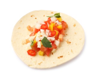 Tasty taco with vegetables and parsley isolated on white