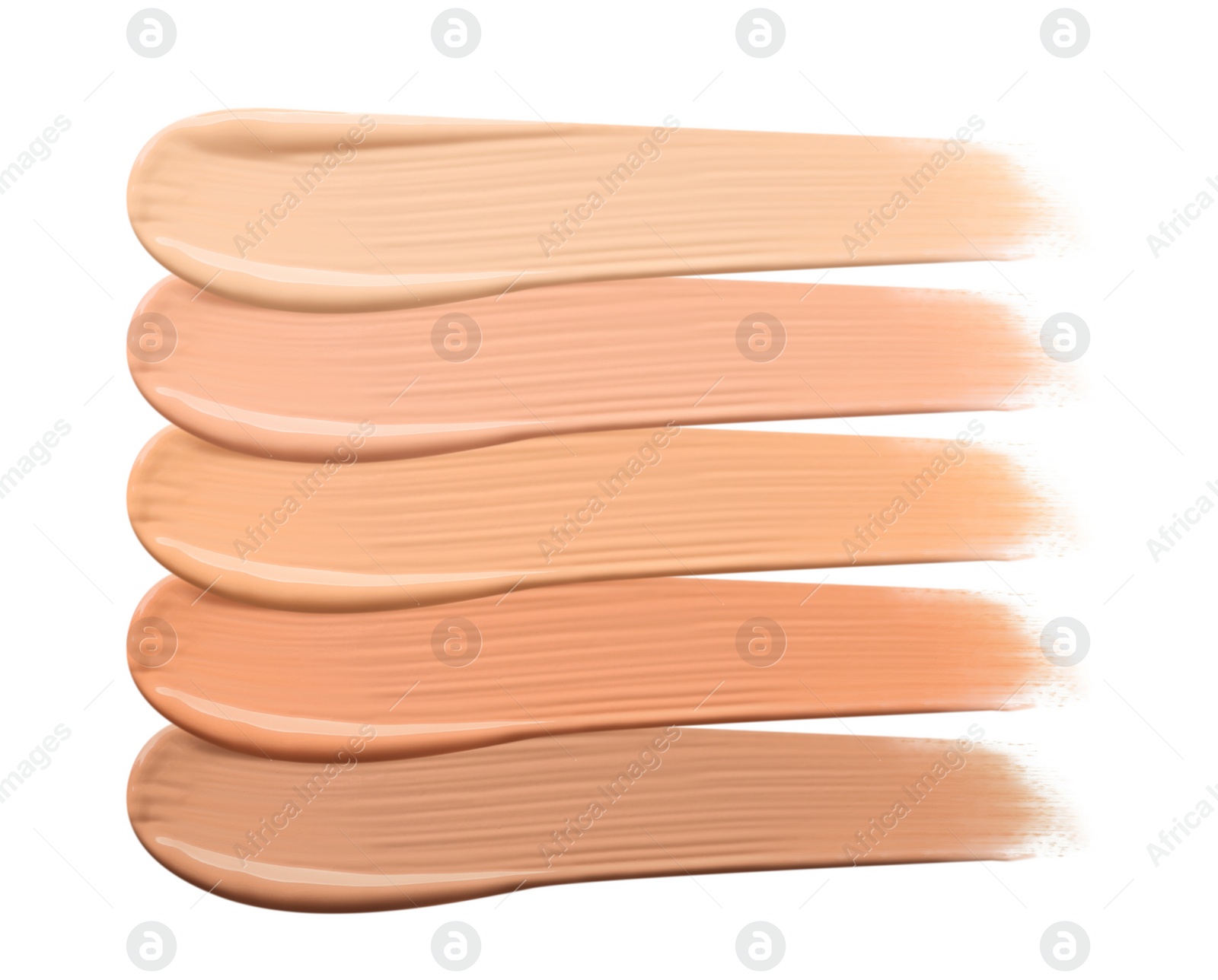 Image of Different shades of liquid skin foundation on white background, top view