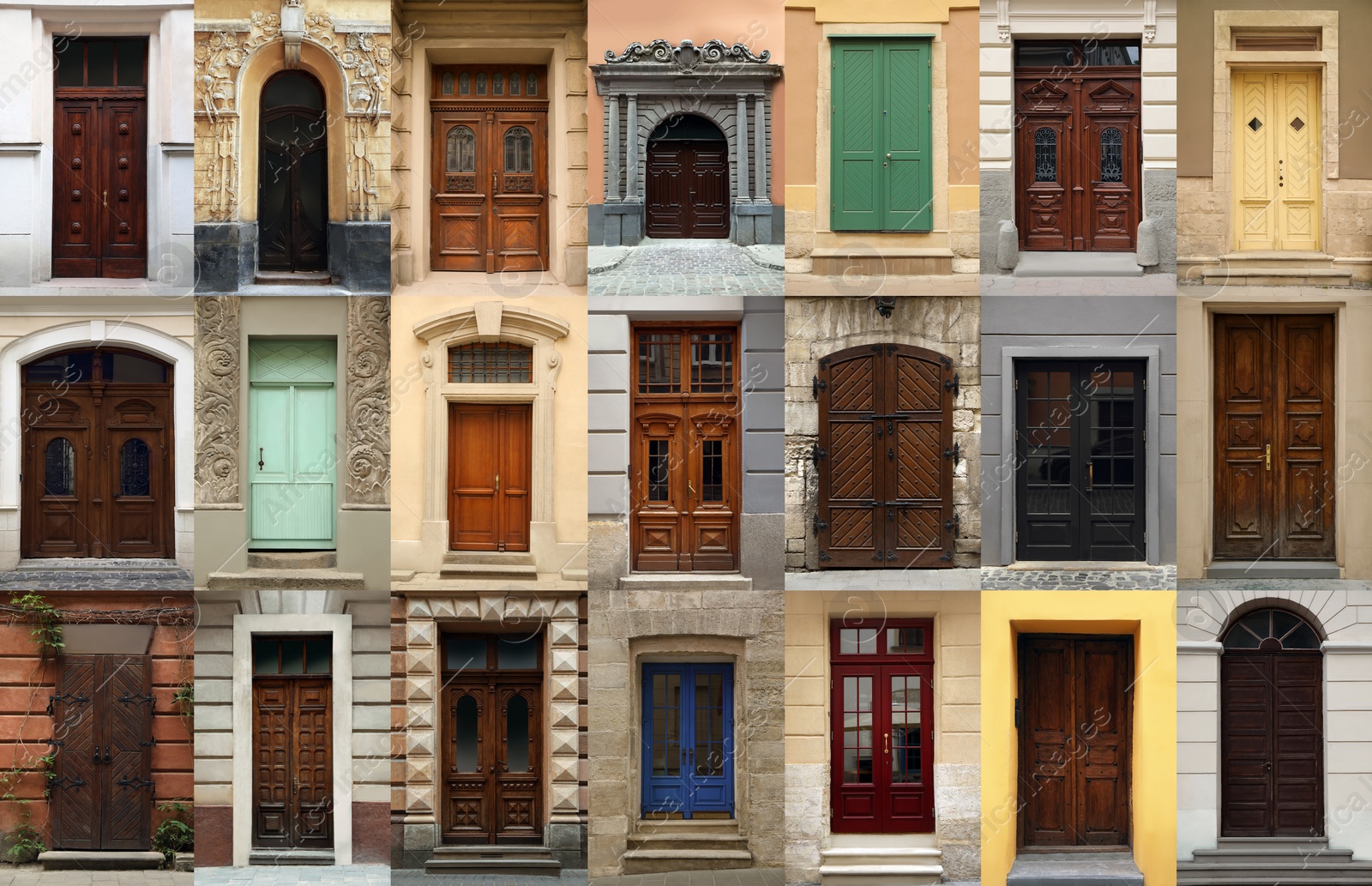 Image of Collage with photos of old buildings with elegant wooden front doors