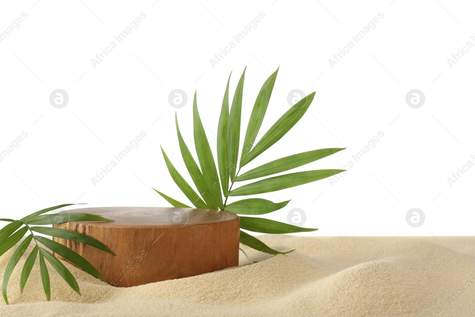 Photo of Presentation of product. Wooden podium and palm leaves on sand against white background