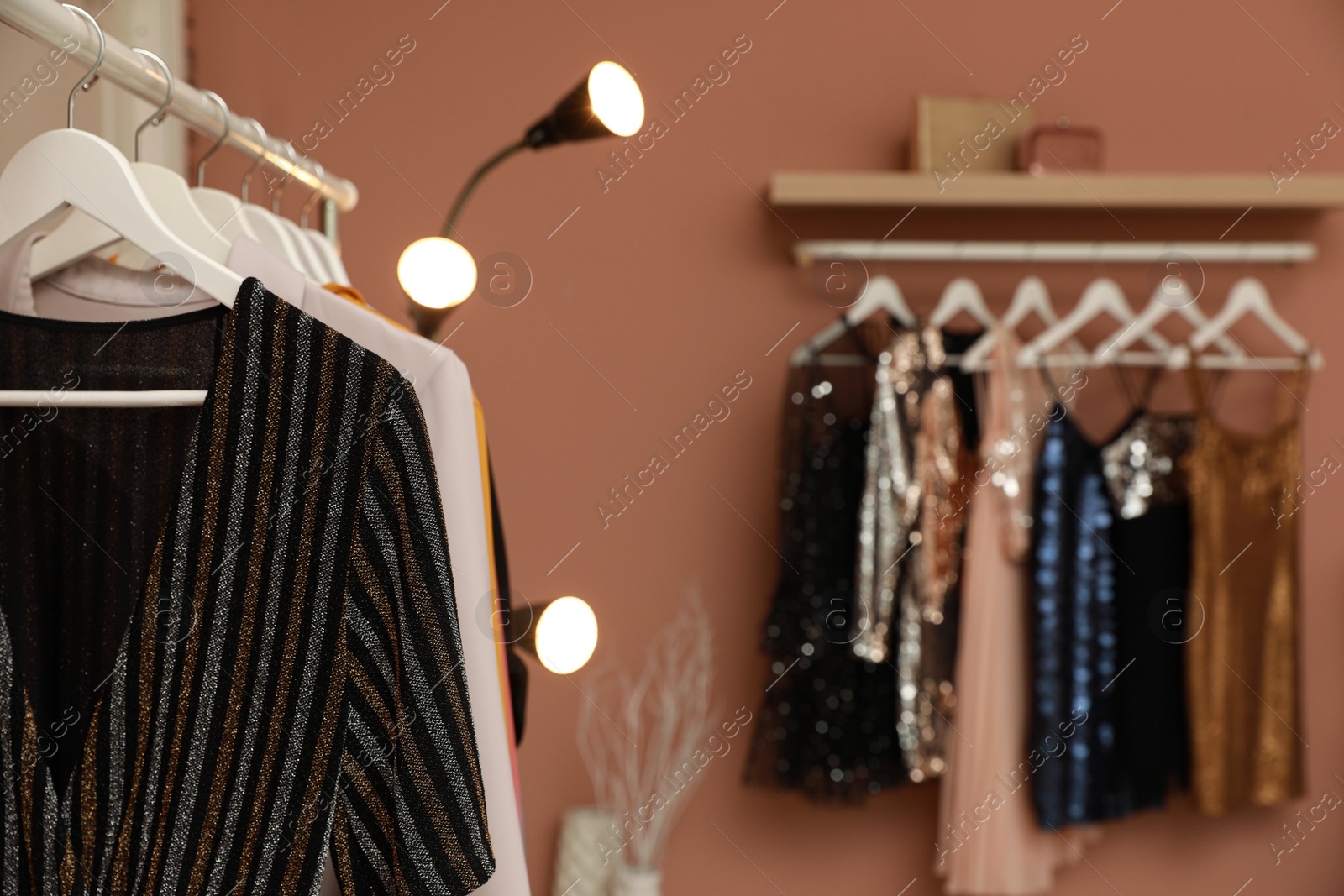 Photo of Collection of trendy women's garments in clothing rental salon, closeup and space for text