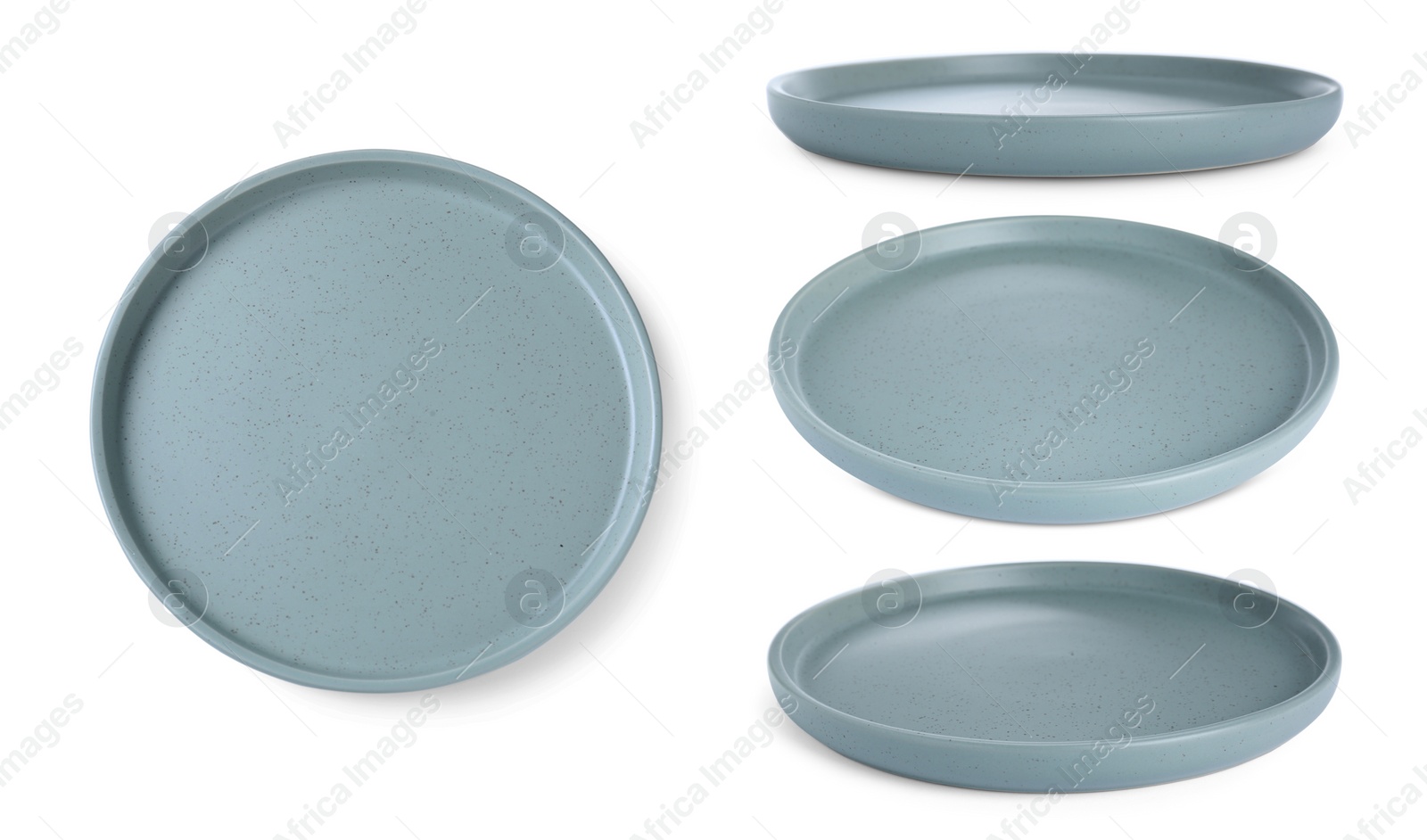 Image of Collage of color ceramic plate on white background, views from different sides