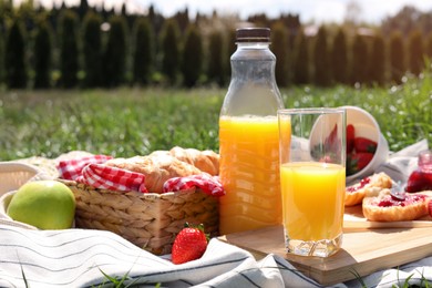 Photo of Fresh juice and different products on blanket outdoors. Summer picnic