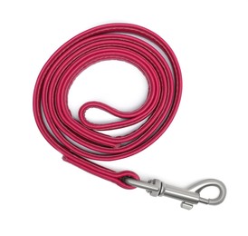 Photo of Red leather dog leash isolated on white, top view