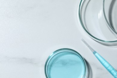 Pipette and petri dishes with liquid on white marble table, flat lay. Space for text