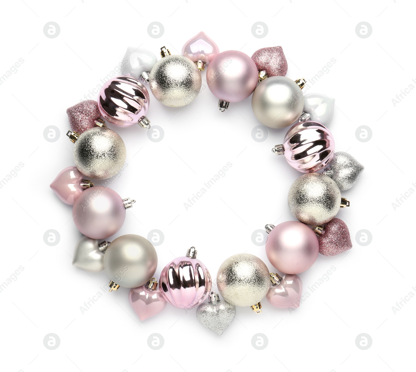 Photo of Beautiful Christmas wreath made of shiny baubles on white background, top view