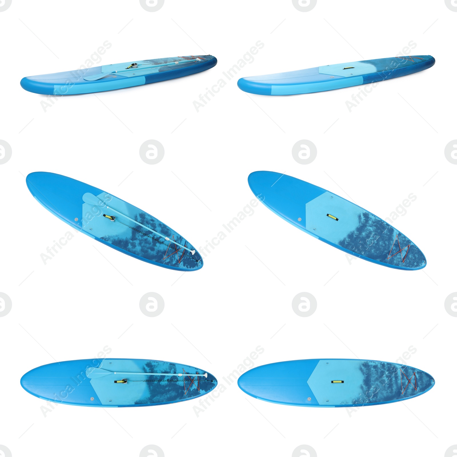 Image of Collage with SUP board with paddle isolated on white, different sides