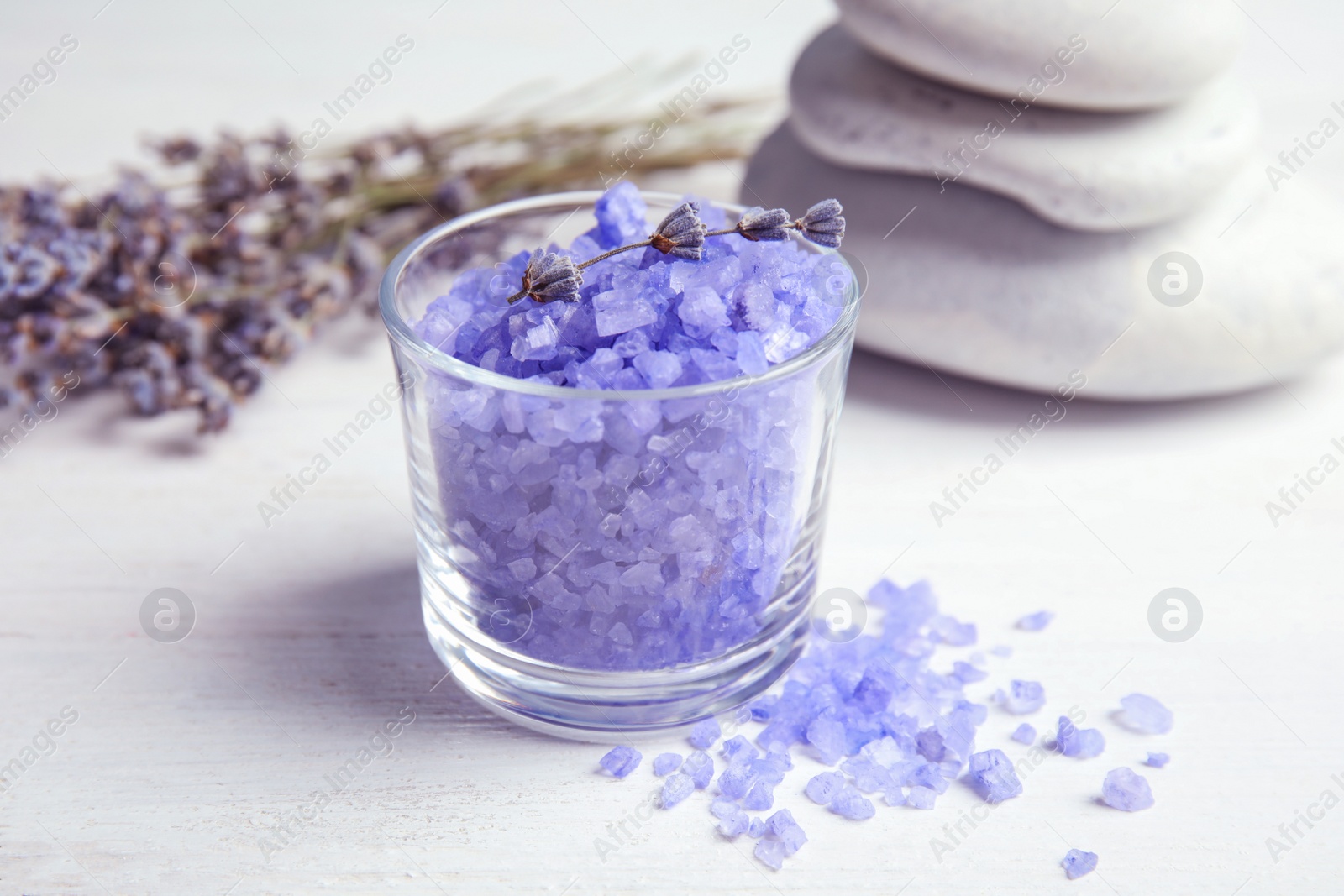 Photo of Composition with lavender flowers and natural cosmetic on table