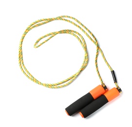 Photo of Jump rope on white background, top view