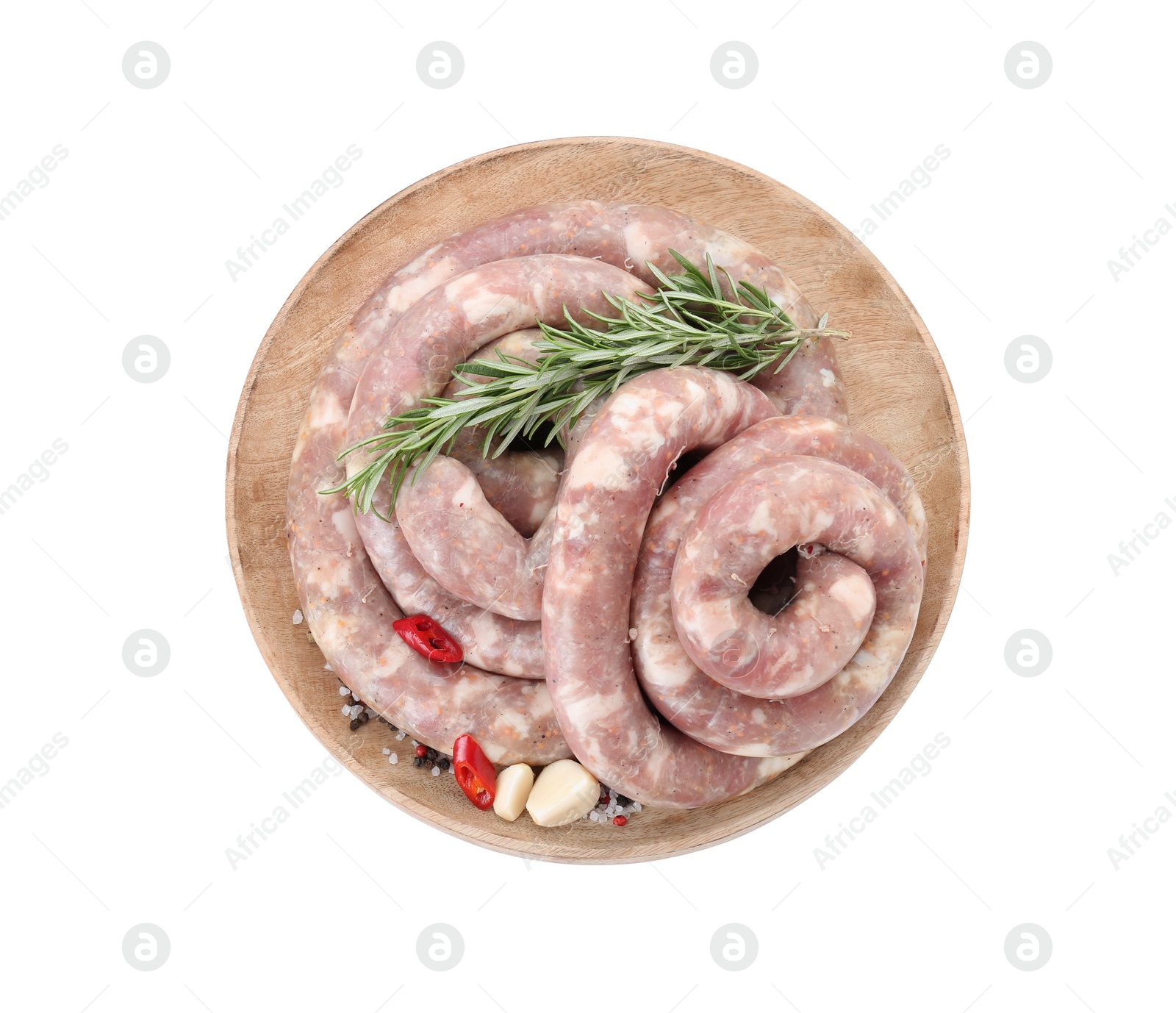 Photo of Board with homemade sausages, garlic, chili, rosemary and spices isolated on white, top view