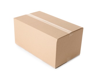 Photo of Cardboard box on white background. Mockup for design