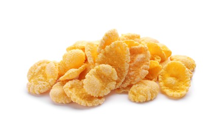 Photo of Pile of tasty corn flakes on white background