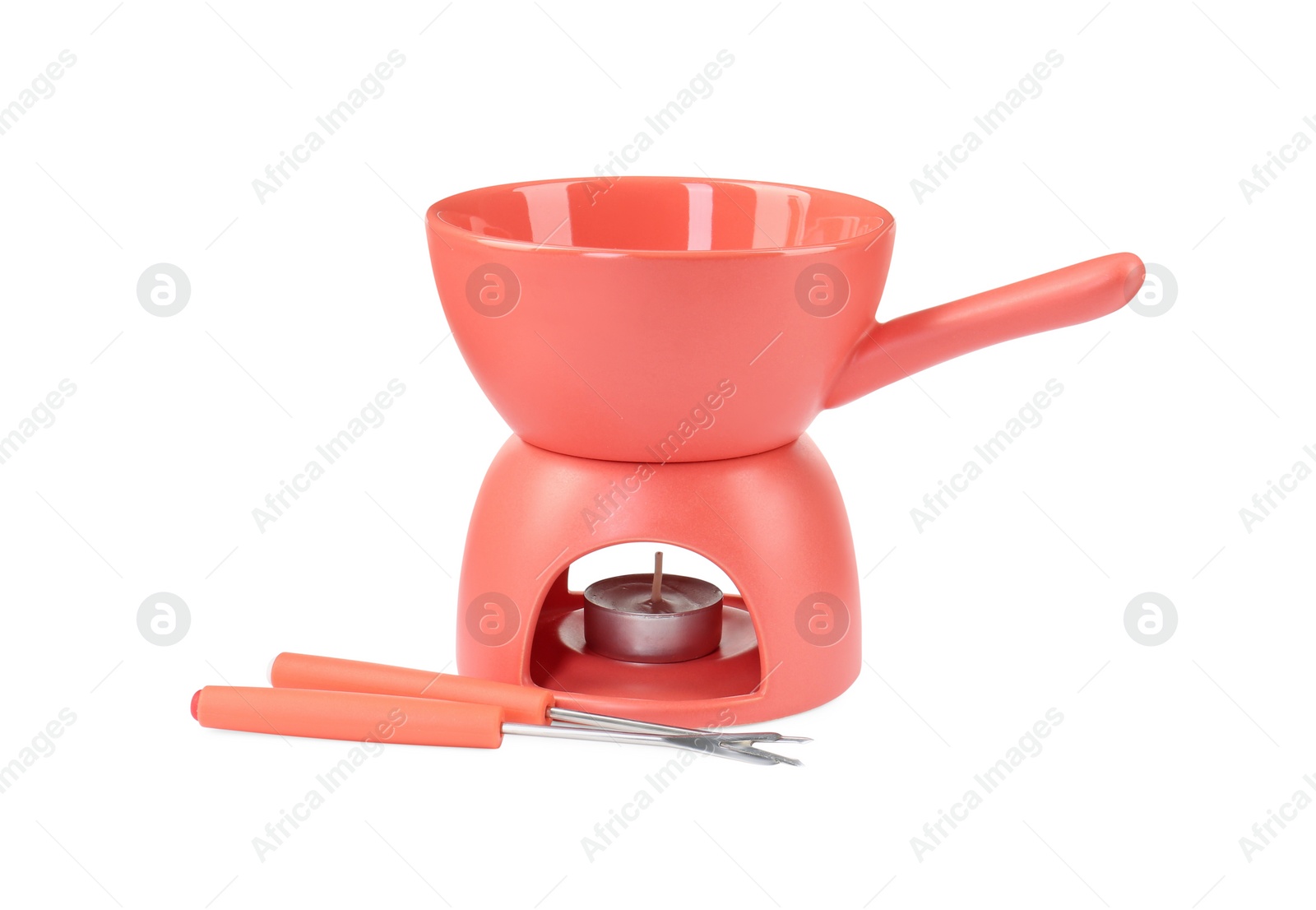 Photo of Fondue set isolated on white. Kitchen equipment