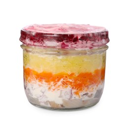 Photo of Jar with herring under fur coat isolated on white. Traditional Russian salad