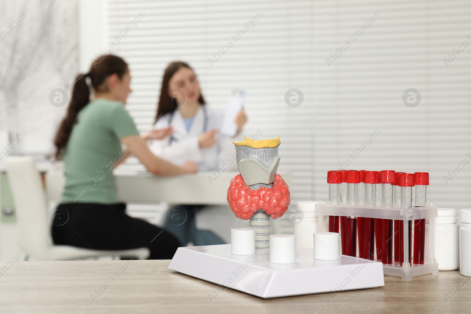 Photo of Endocrinologist examining patient at clinic, focus on model of thyroid gland and blood samples in test tubes