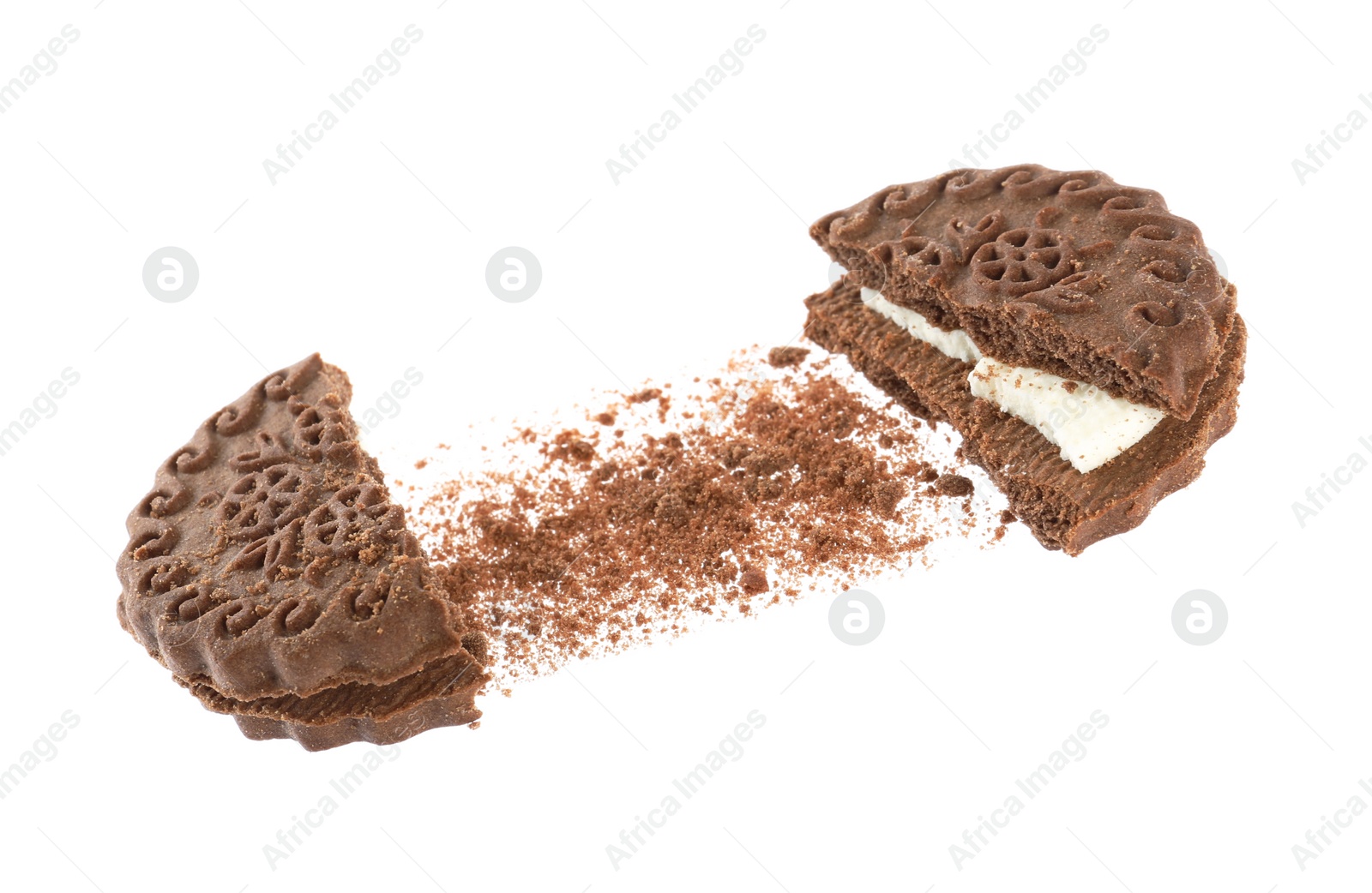 Photo of Broken tasty chocolate sandwich cookie with cream on white background