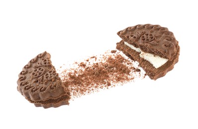 Photo of Broken tasty chocolate sandwich cookie with cream on white background