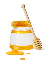 Image of Sweet honey in glass jar with blank label, wooden honey dipper and piece of honeycomb on white background. Mockup for design