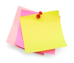 Photo of Blank colorful notes pinned on white background, top view