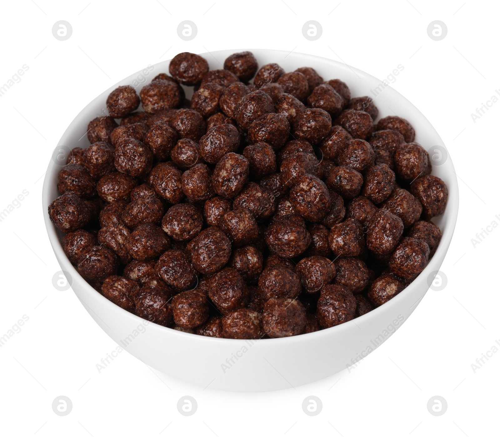 Photo of Chocolate cereal balls in bowl isolated on white