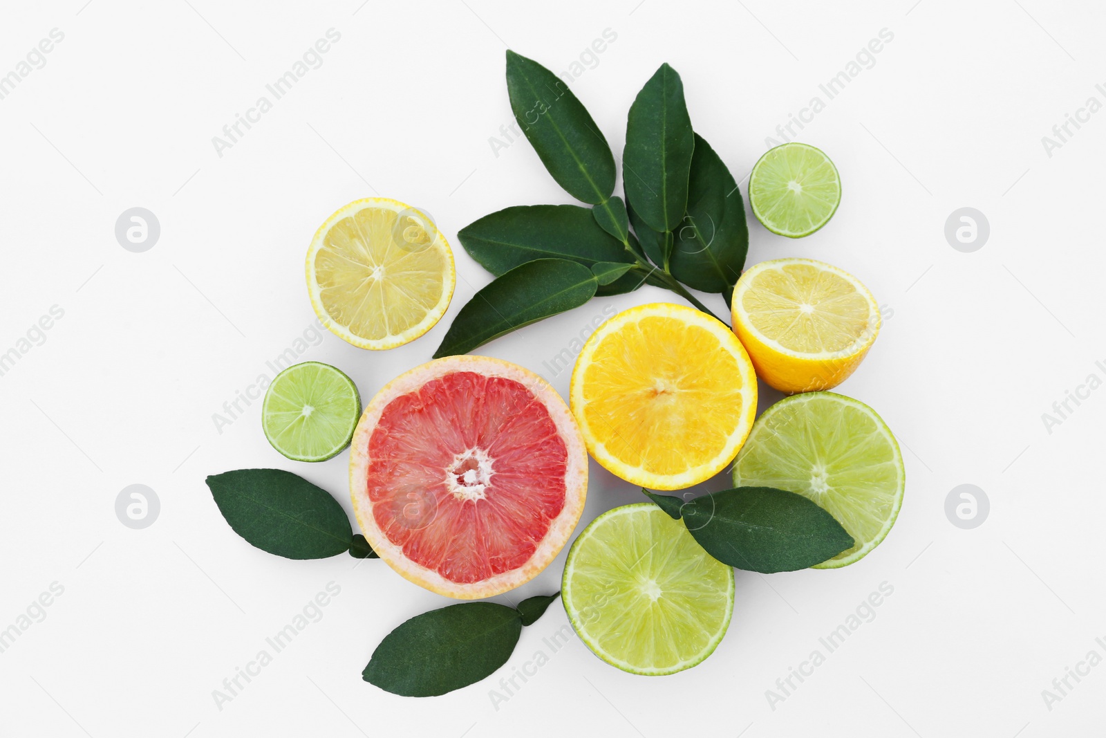 Photo of Different citrus fruits and leaves on white background, top view