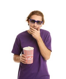 Photo of Man with 3D glasses and popcorn during cinema show on white background