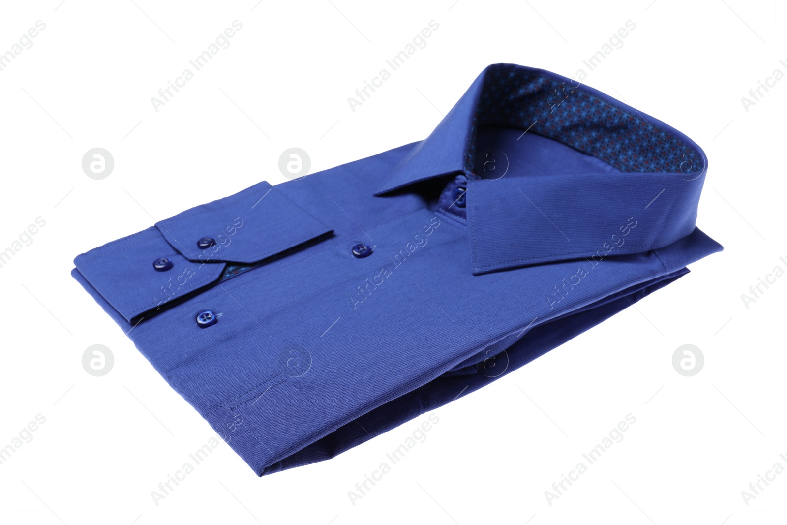 Photo of Stylish blue shirt isolated on white. Dry-cleaning service