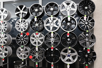 Alloy wheels on display in auto store