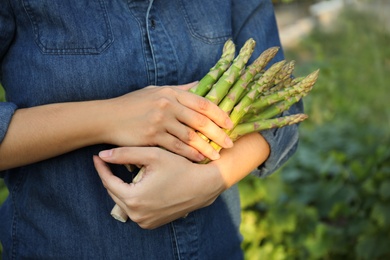 Photo of Woman holding fresh raw asparagus outdoors, closeup