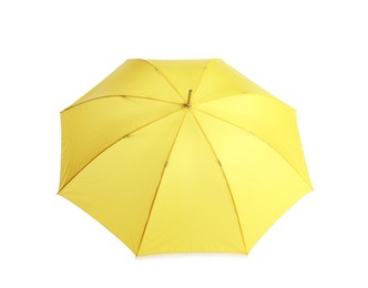 Photo of Stylish open yellow umbrella isolated on white