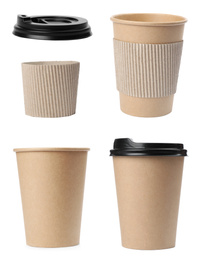 Image of Set of paper coffee cups on white background