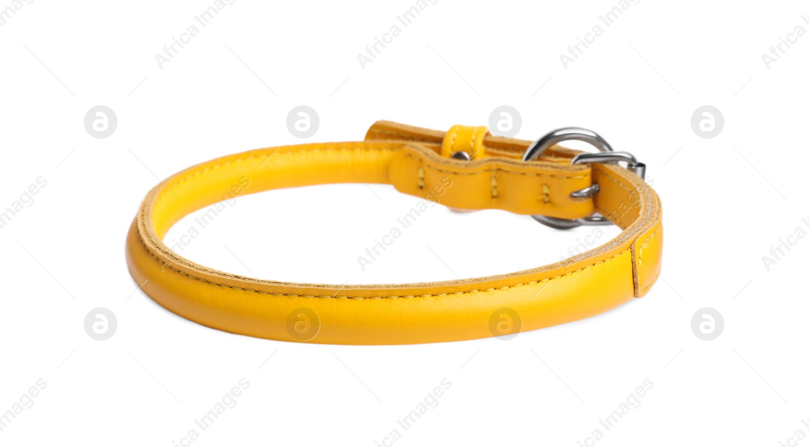 Photo of Yellow leather dog collar isolated on white