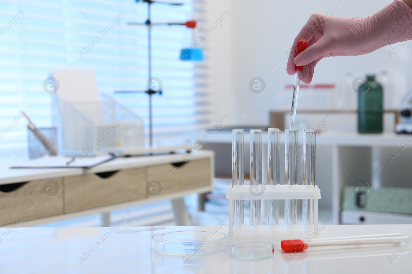 Photo of Laboratory analysis. Woman dripping liquid into test tubes at white table indoors, closeup