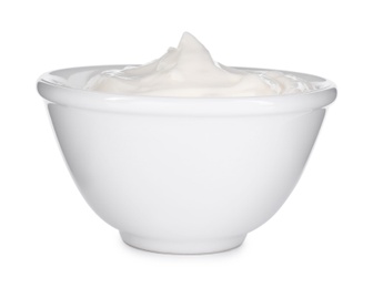 Photo of Bowl with sour cream isolated on white
