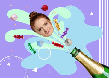 Image of Creative New Year collage. Woman, candies and Christmas ornaments popping out of bottle of sparkling wine on color background. Contemporary art for greeting card, poster or others