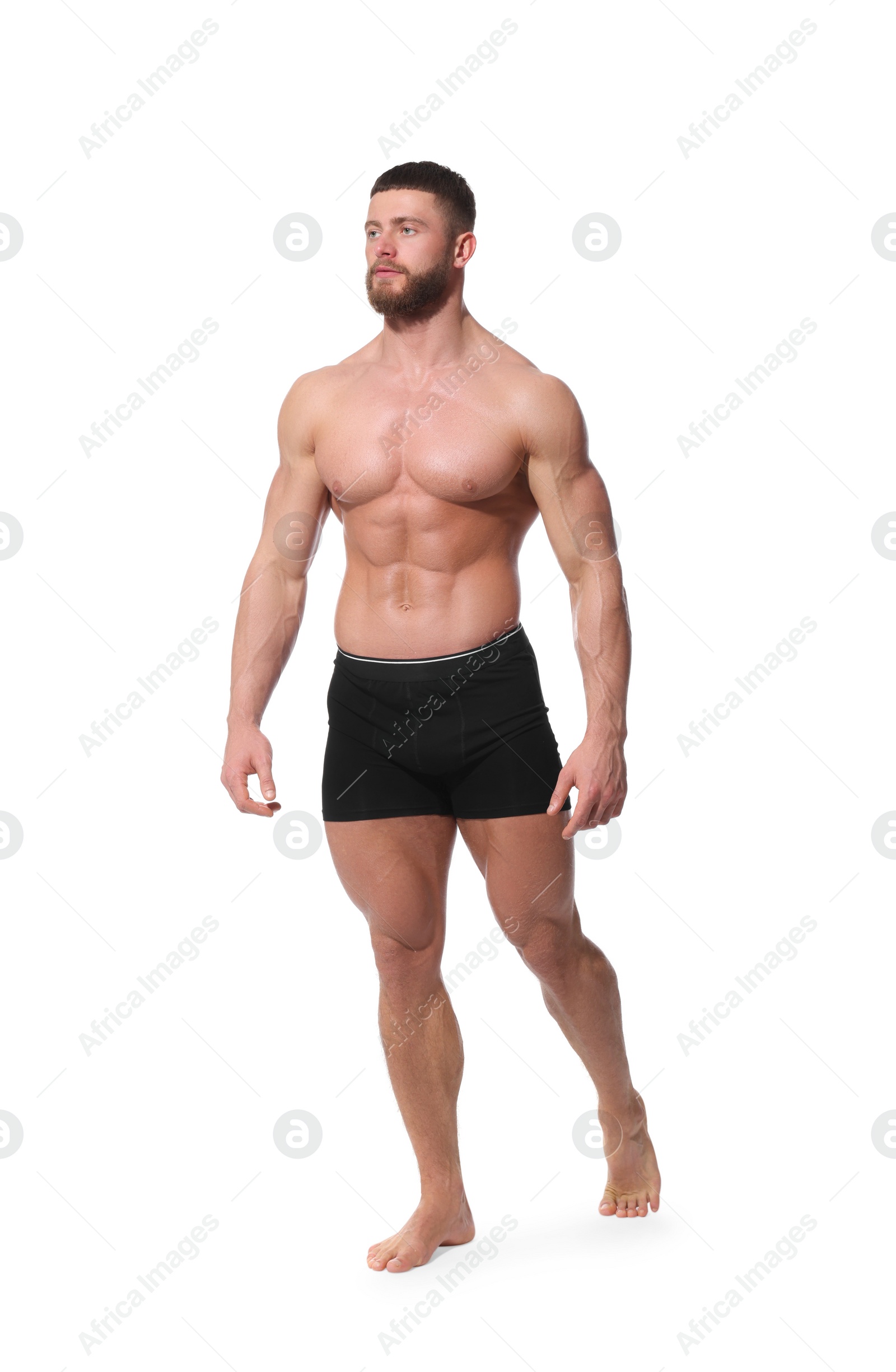 Photo of Young man is stylish black underwear on white background