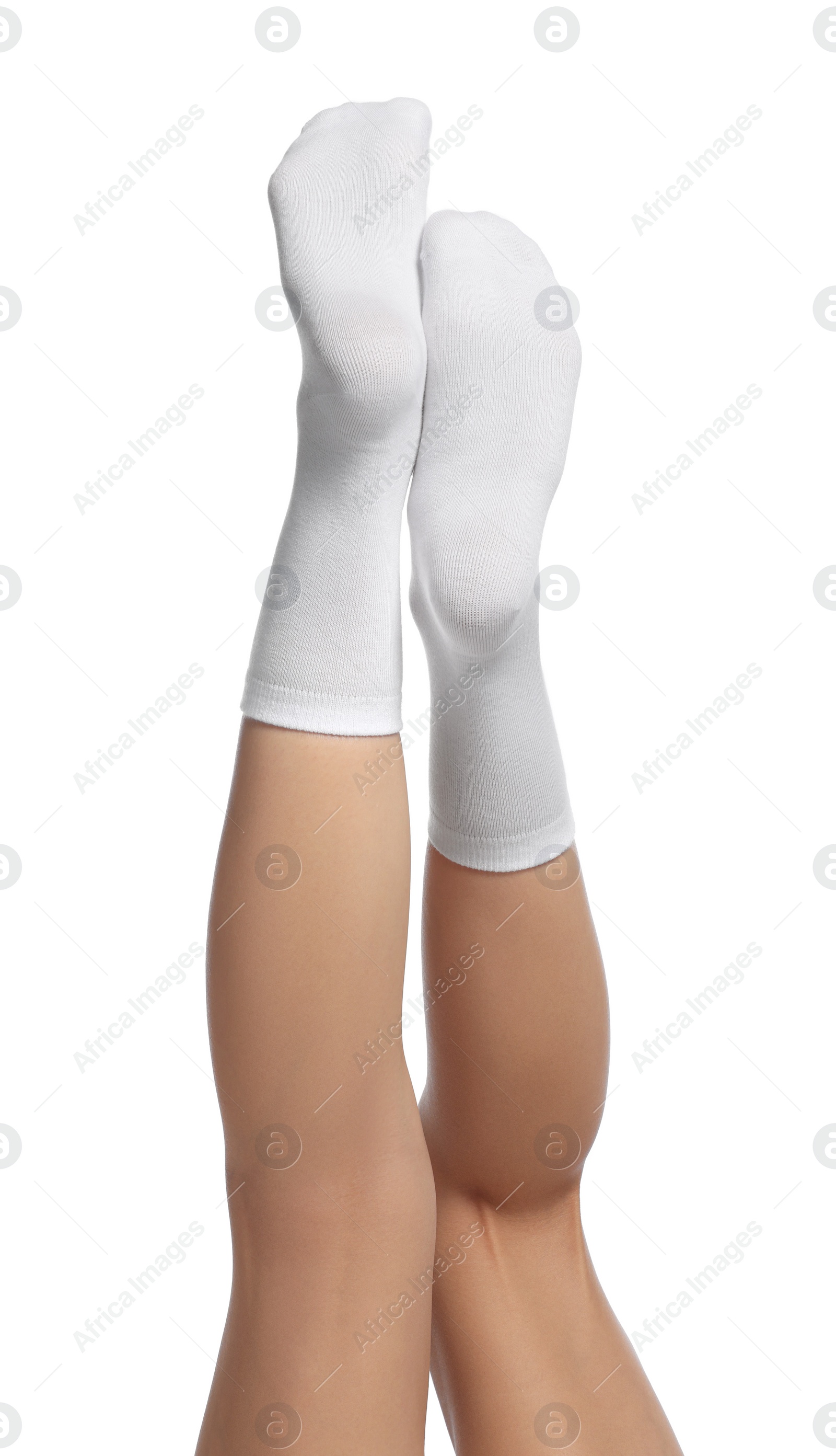 Photo of Woman in stylish socks on white background, closeup