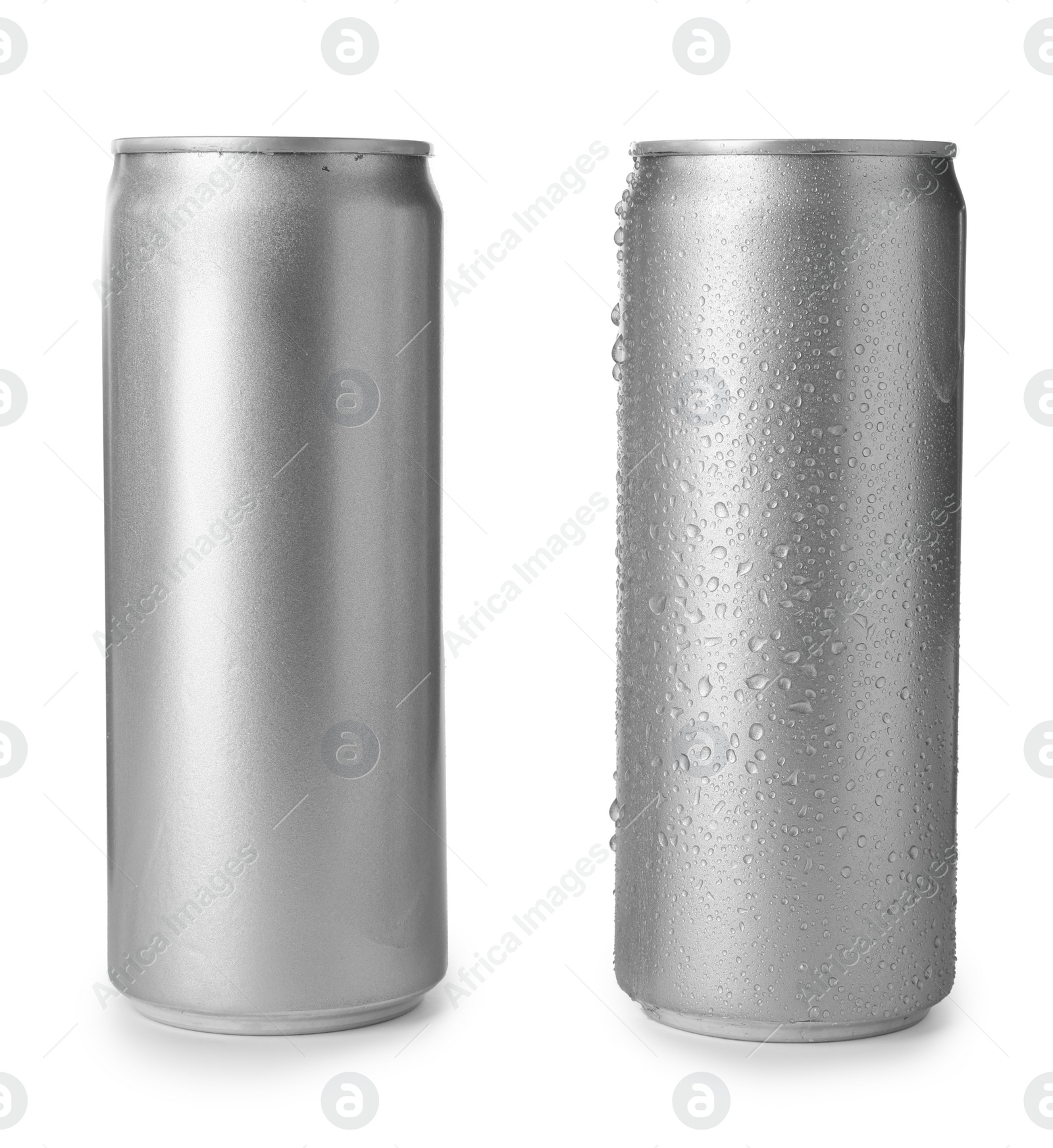 Photo of Aluminum cans with beverage on white background. Space for design