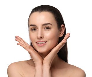 Portrait of beautiful young woman on white background